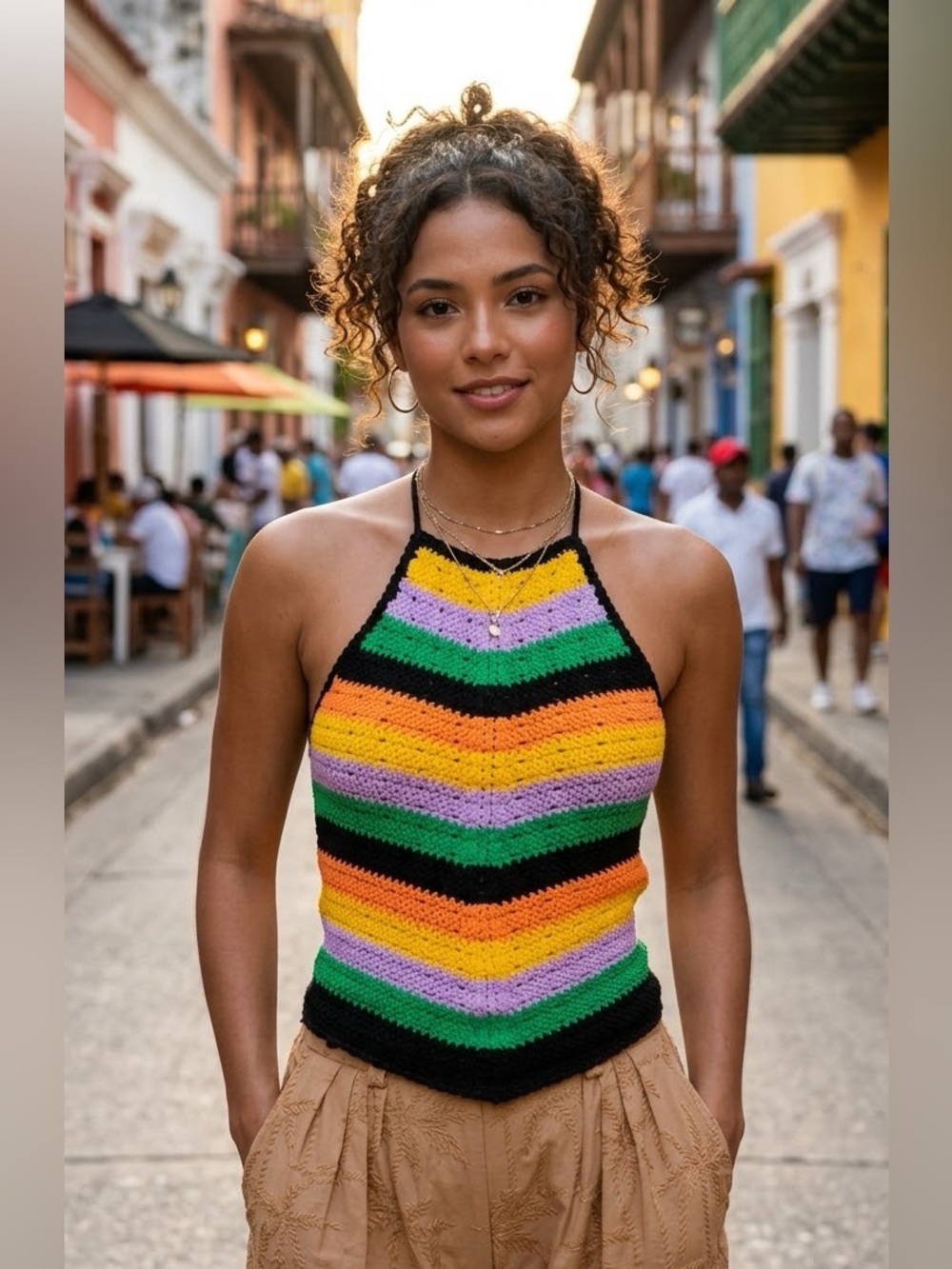 NWT MAJE Matrix Crochet Halter Top Multicolor Open Back Lace-Up Knit Size 3